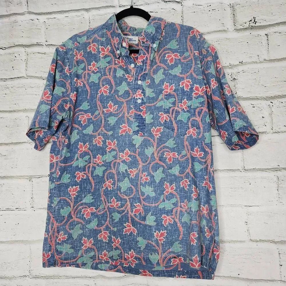 Reyn Spooner Men's Blue Chambray Short Sleeve Hawaiian Shirt Reverse Print XL